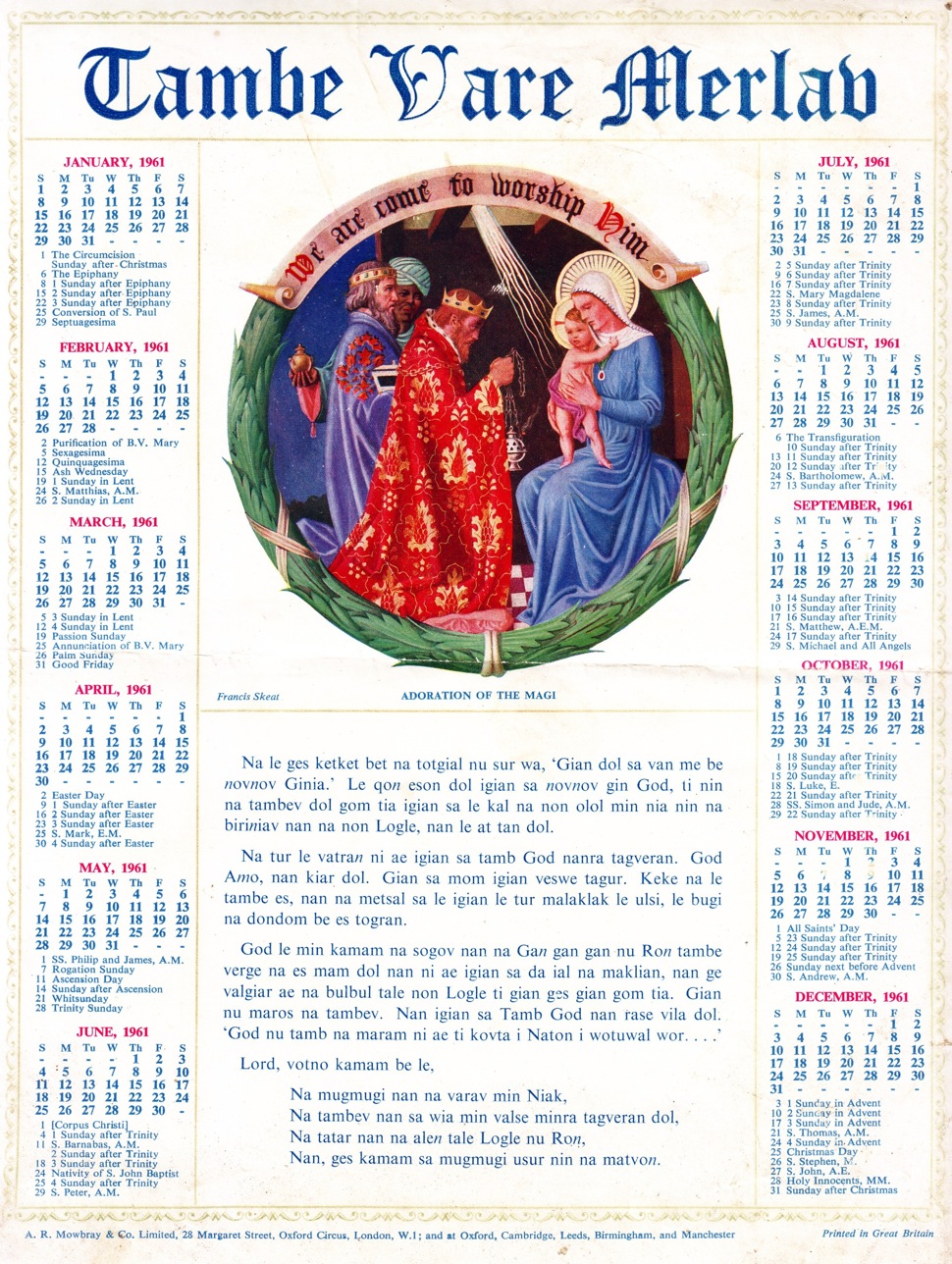 Calendar for 1961 in the language of Merelava.